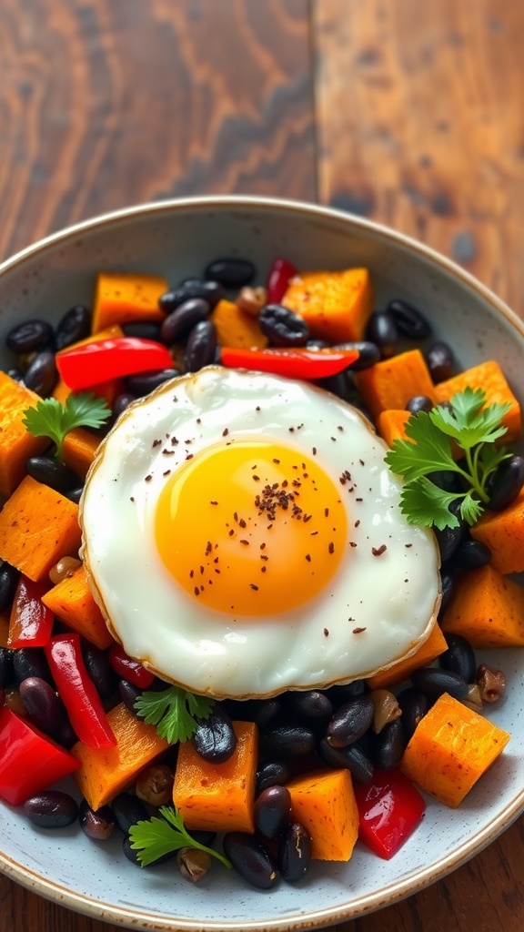 Savory Sweet Potato and Black Bean Hash Colorful sweet potato and black bean hash with a fried egg, garnished with cilantro, served on a rustic background.